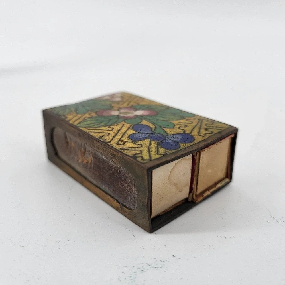 Antique Chinese Cloisonne‎ Enamel Matchbox Holder Floral Brass